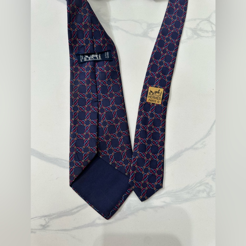 Hermes Tie Silk Chain Link Pattern Geometric Print - Picture 6 of 8